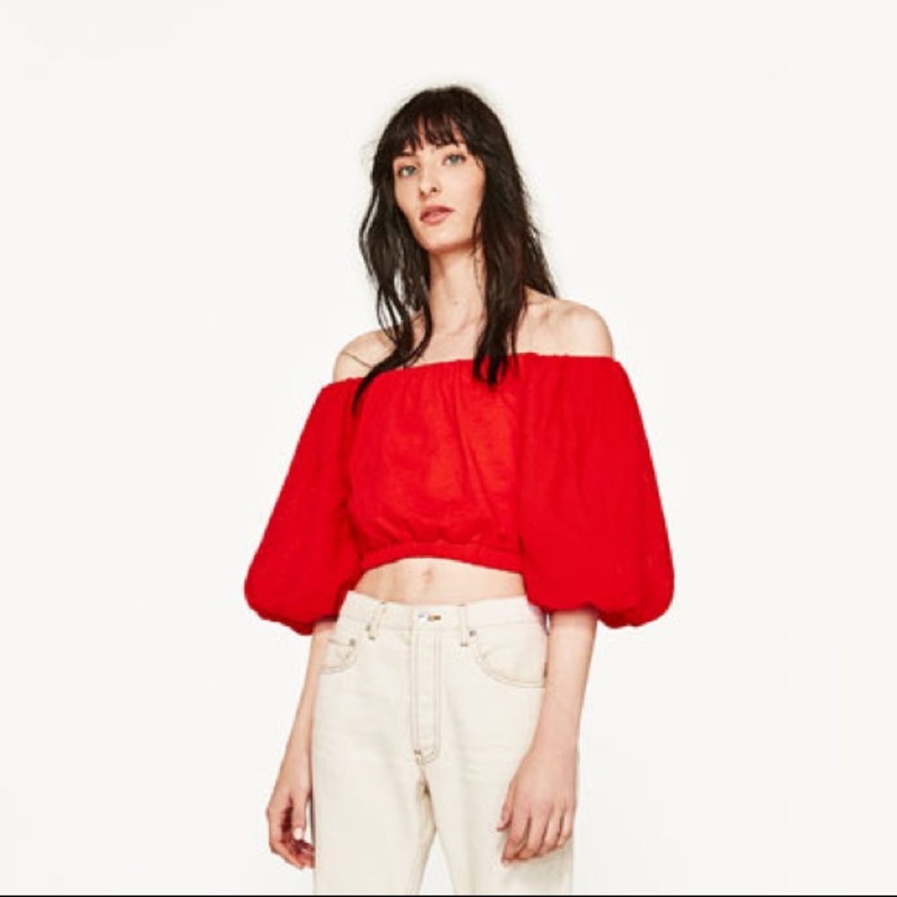 Zara orange/red crop off the shoulder top with puff sleeves.